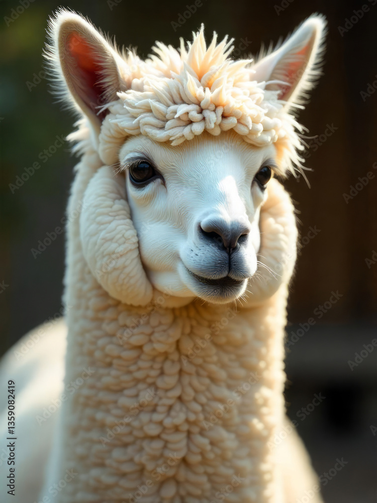 Obraz premium A white alpaca with fluffy wool, small ears, and a gentle expression, standing in a field with a blurred green background