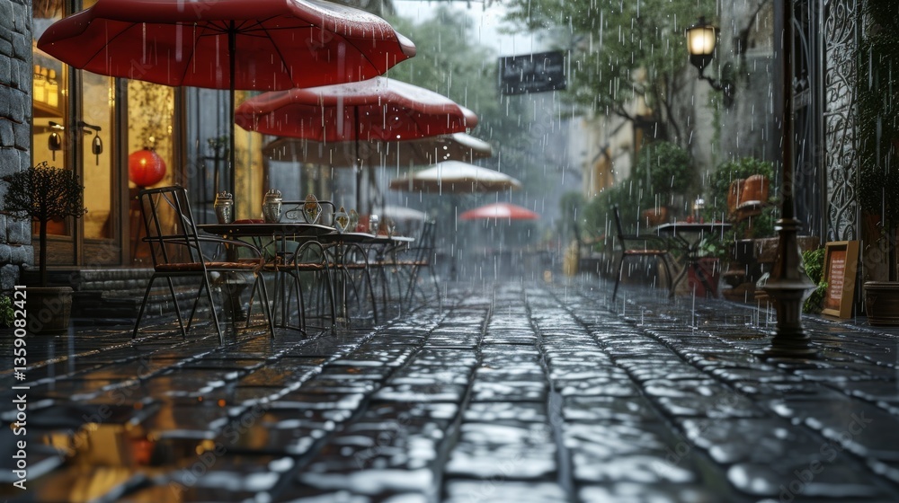 An empty street cafe with red umbrellas and wet cobblestones on a rainy day. The serene and tranquil atmosphere is enhanced by the gentle rain, creating a peaceful urban scene.