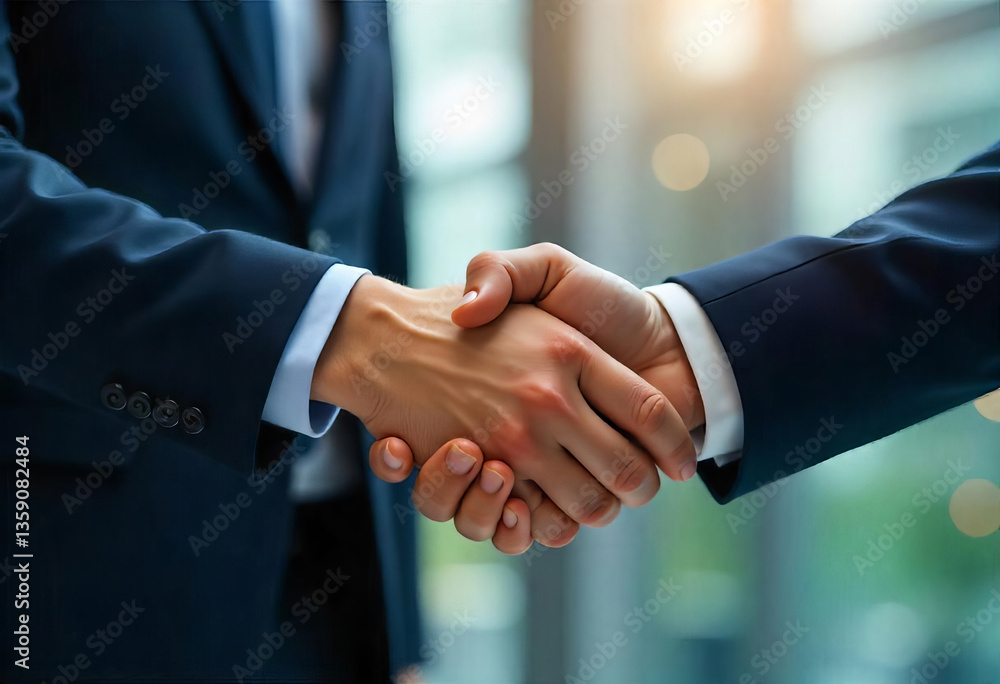Two caucasian hands shaking, one wearing a dark blue suit, in a bright office environment Two caucasian hands shaking, one wearing a dark blue suit, in a bright office environment