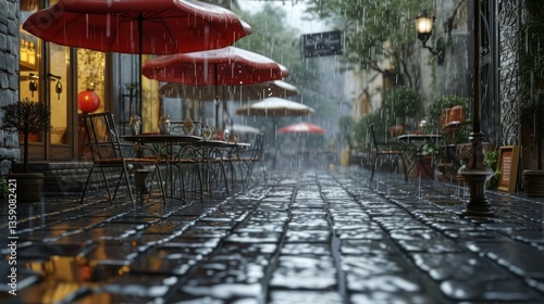Obraz na płótnie An empty street cafe with red umbrellas and wet cobblestones on a rainy day. The serene and tranquil atmosphere is enhanced by the gentle rain, creating a peaceful urban scene. w salonie
