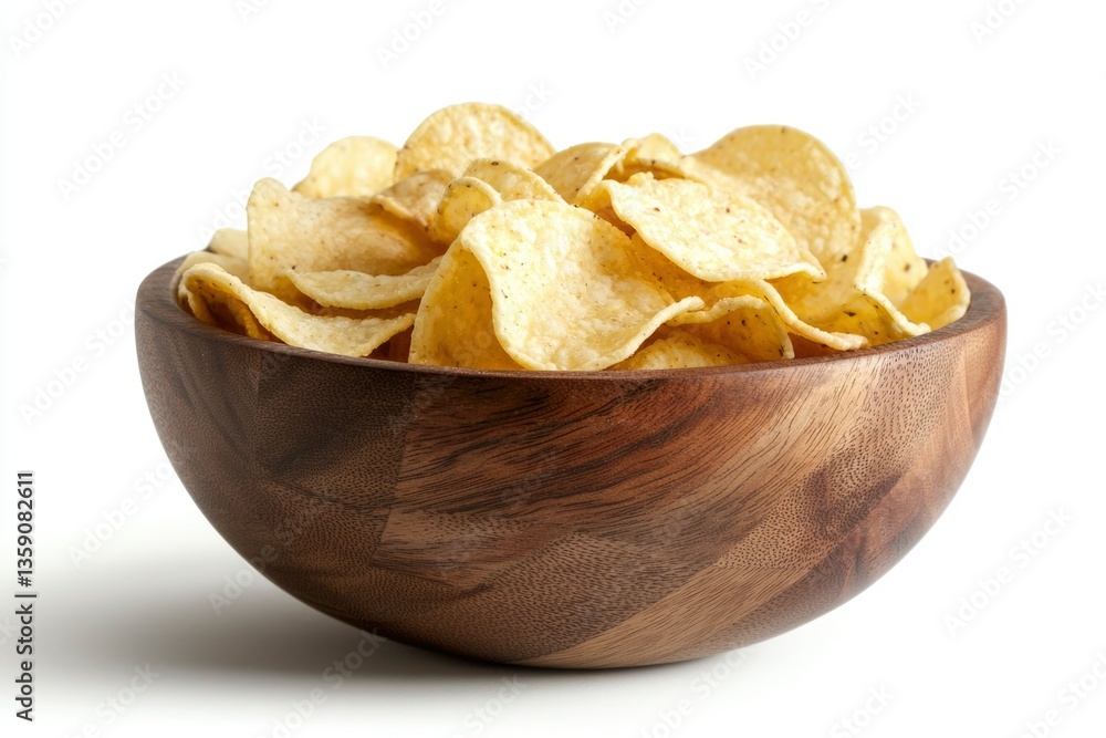 Potato chips in a wooden bowl on white background, food concept, snack, meal Potato chips in a wooden bowl on white background, food concept, snack, meal