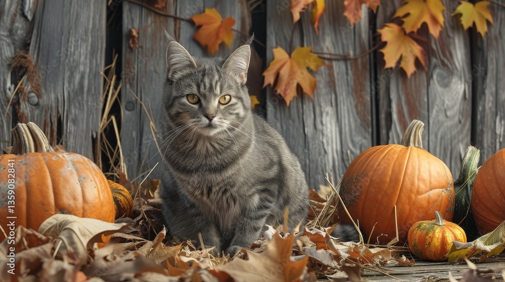 A cat sitting amidst pumpkins and fallen autumn leaves against a rustic wooden fence. The autumnal backdrop with vibrant orange pumpkins and dried leaves evokes a cozy and seasonal atmosphere.