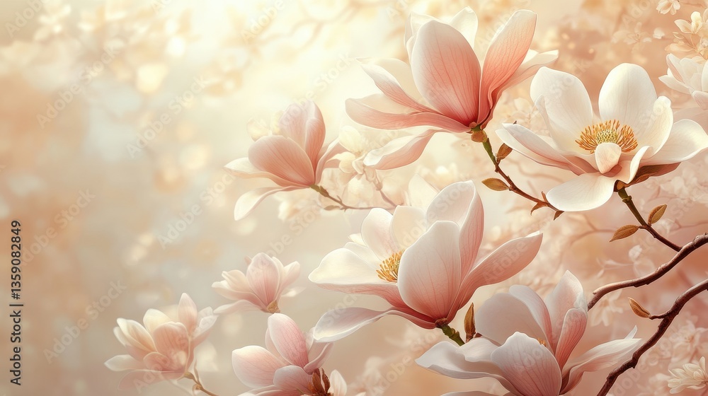 Obraz premium Soft, pastel magnolia blossoms in a gentle, sunlit background. Use this for elegant spring designs, wedding invitations or romantic cards.
