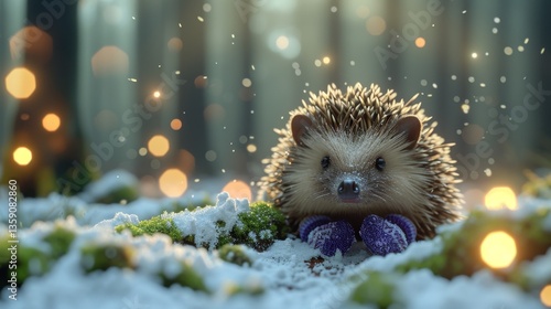 A small hedgehog lies on a patch of snowy ground, with soft glowing lights in the background. The scene captures the essence of winter's quiet beauty, with the hedgehog nestled in a serene, snow