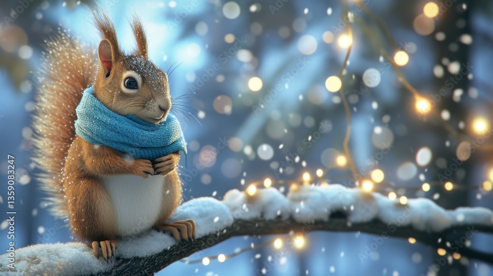A cute squirrel wearing a blue scarf perches on a snow-covered branch adorned with festive lights. This charming winter scene is perfect for holiday cards and seasonal decor, capturing the magic of