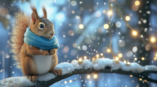 Obraz na płótnie A cute squirrel wearing a blue scarf perches on a snow-covered branch adorned with festive lights. This charming winter scene is perfect for holiday cards and seasonal decor, capturing the magic of w salonie
