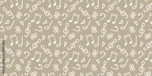 Music signs seamless pattern, accidental, note symbols background. Hand drawn doodle style vector graphics, illustration