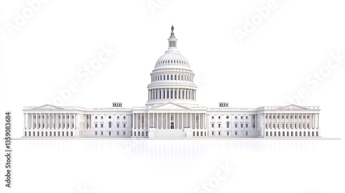 Majestic Capitol building iconic neoclassical design dome and columns beautifully rendered on a pure white background.  