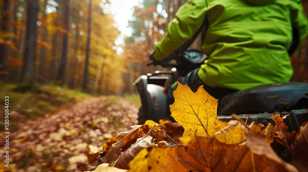 Close-up of an ATV rider in a bright green jacket navigating through an autumn forest. The focus on the rider and the fallen leaves highlights the immersive experience of exploring nature during the