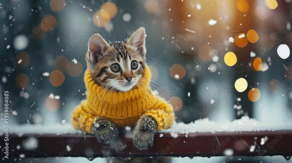 A playful kitten in a warm yellow sweater sits outdoors during a snowfall, with glowing bokeh lights adding to the festive atmosphere. Perfect for winter or holiday-themed projects, this image exudes