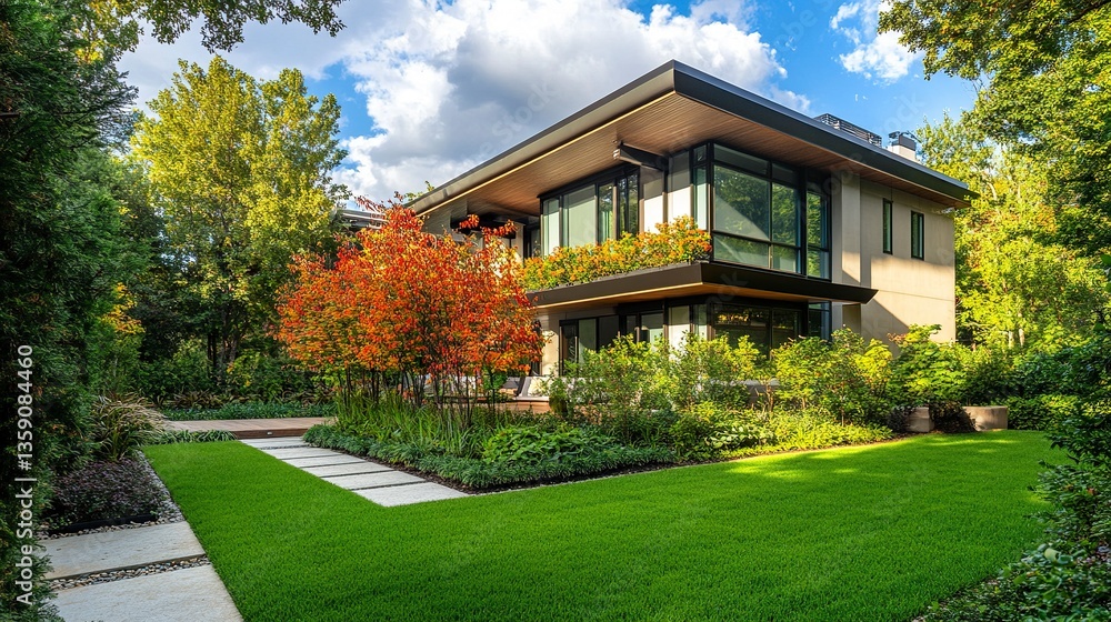 Modern condo architecture complemented by a landscaped garden vibrant foliage, manicured lawns, and contemporary design elements Modern condo architecture complemented by a landscaped garden vibrant foliage, manicured lawns, and contemporary design elements