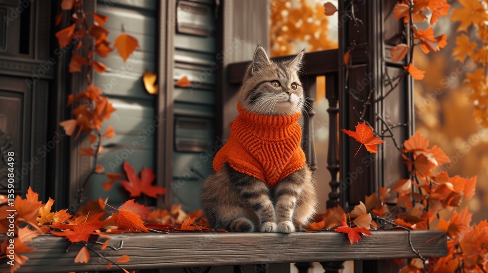 A charming tabby kitten wears a cozy orange sweater, sitting serenely on a porch adorned with vibrant autumn leaves. The image captures the essence of fall, showcasing the warmth and comfort of the