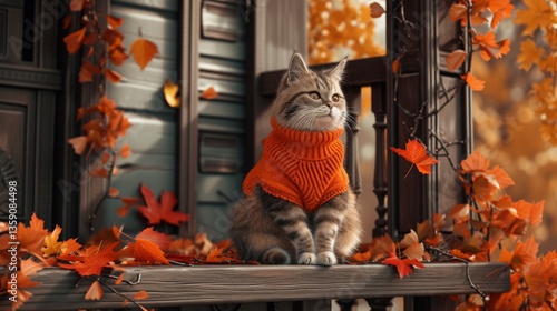 Obraz na płótnie A charming tabby kitten wears a cozy orange sweater, sitting serenely on a porch adorned with vibrant autumn leaves. The image captures the essence of fall, showcasing the warmth and comfort of the w salonie