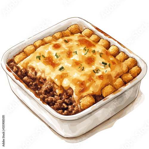 Watercolor Tater Tot Hotdish Casserole in White Baking Dish