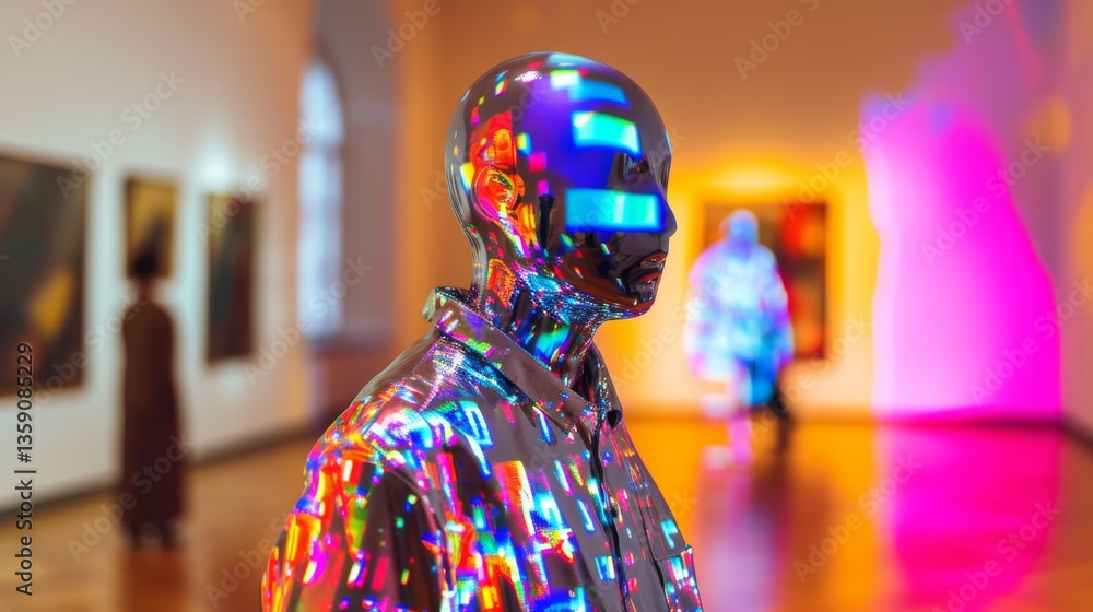 A reflective mannequin stands amidst a brightly lit, colorful art exhibit. The vibrant light patterns on the mannequin's surface create a striking, modern visual, blending art and technology in a