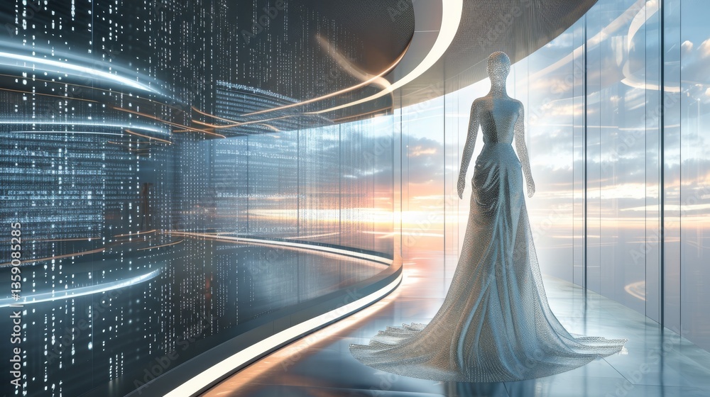 An elegant holographic gown glows softly in a futuristic corridor with a stunning sunset backdrop. This image merges advanced digital fashion with a serene, modern environment.