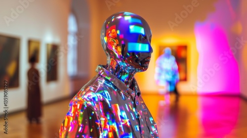 Obraz na płótnie A reflective mannequin stands amidst a brightly lit, colorful art exhibit. The vibrant light patterns on the mannequin's surface create a striking, modern visual, blending art and technology in a w salonie