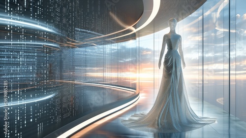 Obraz na płótnie An elegant holographic gown glows softly in a futuristic corridor with a stunning sunset backdrop. This image merges advanced digital fashion with a serene, modern environment. w salonie