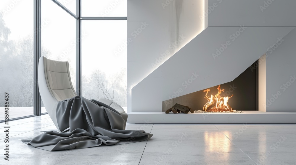 Sleek modern living room with a minimalist design, featuring a cozy fireplace set within a geometric wall. An elegant armchair draped with a blanket sits on a glossy tiled floor, creating a warm and