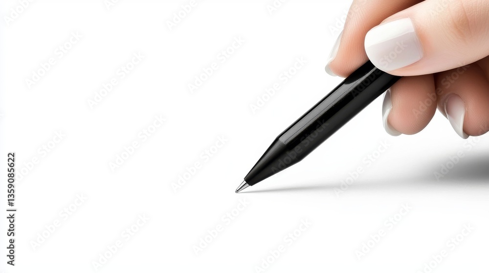 Woman's hand holding a black pen ready to write on white background Woman's hand holding a black pen ready to write on white background