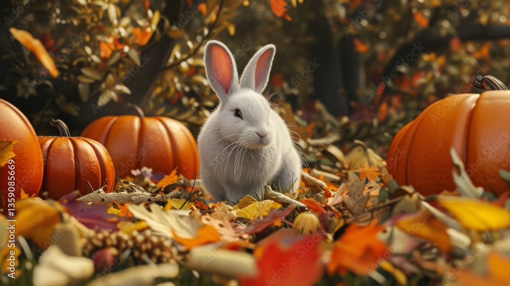 A white rabbit sits quietly among pumpkins and fallen leaves in a serene autumnal forest. The scene is peaceful and captures the essence of fall with its warm colors and natural beauty.