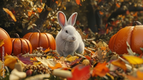 Obraz na płótnie A white rabbit sits quietly among pumpkins and fallen leaves in a serene autumnal forest. The scene is peaceful and captures the essence of fall with its warm colors and natural beauty. w salonie
