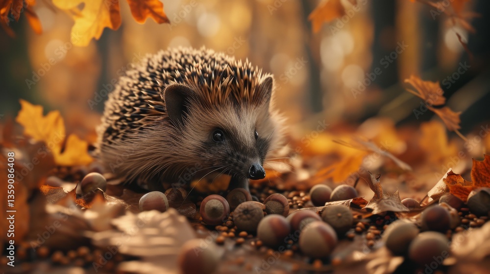 A hedgehog is surrounded by acorns and autumn leaves in a forest setting. The warm colors of the fall foliage highlight the hedgehog's spiky appearance, creating a cozy and natural scene.