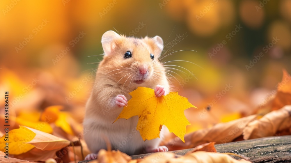 A charming hamster holds a bright yellow autumn leaf while surrounded by fallen leaves. The warm autumn colors and the hamster's playful expression create an endearing scene that captures the essence A charming hamster holds a bright yellow autumn leaf while surrounded by fallen leaves. The warm autumn colors and the hamster's playful expression create an endearing scene that captures the essence