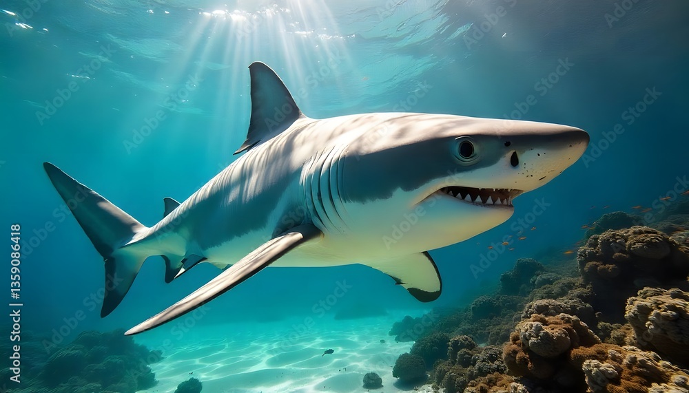 Fototapeta premium Majestic Shark Swimming Gracefully Through Clear Blue Ocean Waters