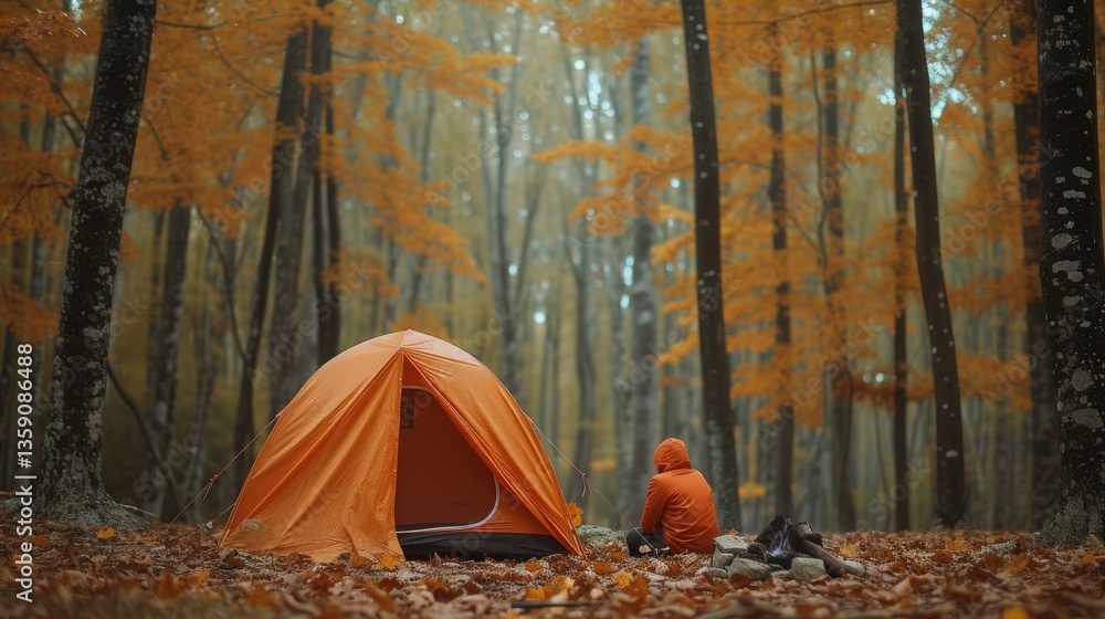 A solitary orange tent set up in a peaceful autumn forest with colorful foliage. A lone hiker, dressed in an orange jacket, sits by the tent, adding to the serene and reflective mood of the scene.