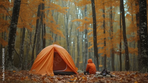 Obraz na płótnie A solitary orange tent set up in a peaceful autumn forest with colorful foliage. A lone hiker, dressed in an orange jacket, sits by the tent, adding to the serene and reflective mood of the scene. w salonie