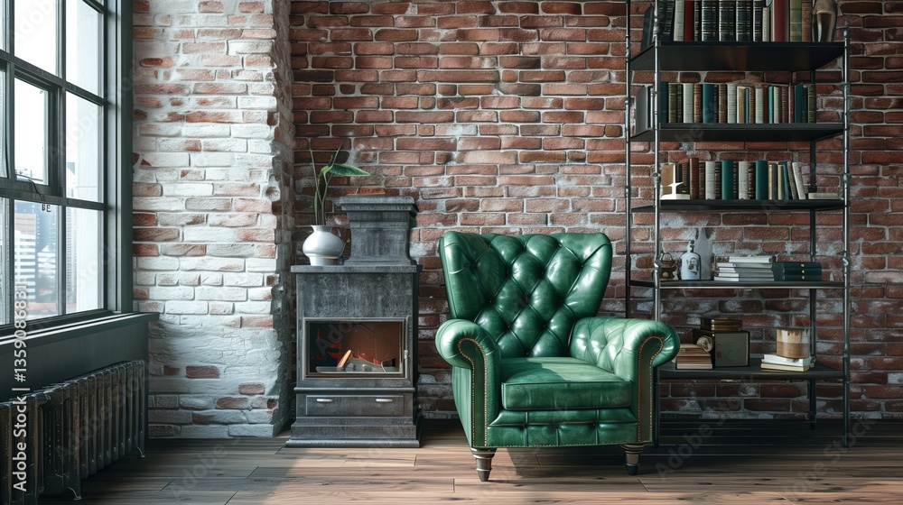 A luxurious green armchair stands out in an industrial loft setting, featuring exposed brick walls, a metal bookshelf, and a cozy fireplace. The scene exudes modern comfort and style, ideal for