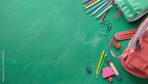 School stationery set in beige case on purple background with green chalkboard texture