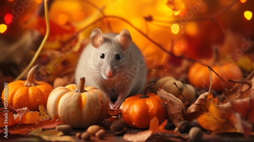 A cute white mouse sits among small pumpkins and autumn leaves, creating a cozy autumnal scene. Warm bokeh lights in the background add to the seasonal atmosphere, perfect for fall-themed projects.