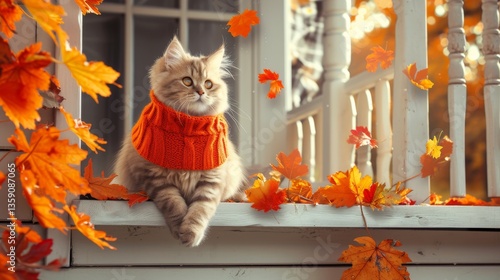 Obraz na płótnie A fluffy cat wearing an orange sweater sits comfortably on a porch surrounded by vibrant autumn leaves. The scene captures the cozy and colorful essence of fall, with the cat gazing attentively at the w salonie