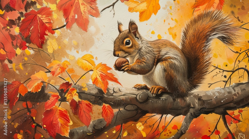 A beautifully detailed illustration of a red squirrel holding an acorn while sitting on a branch. Surrounded by vibrant autumn leaves, the image captures the essence of fall with warm, earthy tones