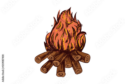 Hand-drawn burning campfire with orange flame and wooden logs for camping and outdoor design in vintage engraved style