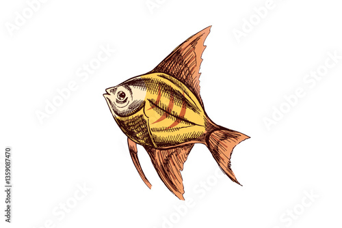 Tropical striped angelfish with yellow and orange fins in vintage sketch style