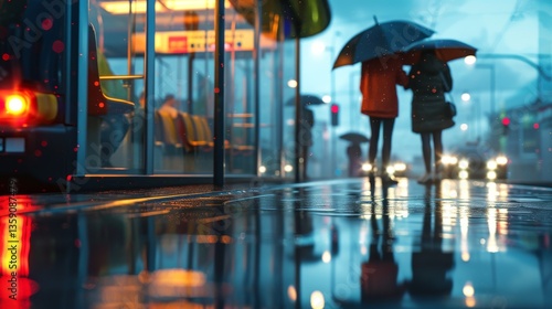 Two people wait under umbrellas at a bus stop on a rainy night, with reflections of city lights on the wet pavement. The blurred figures create a sense of mystery and urban ambiance, perfect for