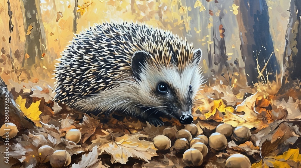 A detailed artistic illustration of a hedgehog in an autumn forest setting, surrounded by acorns and fallen leaves. The rich, warm colors capture the essence of fall, creating a whimsical and charming