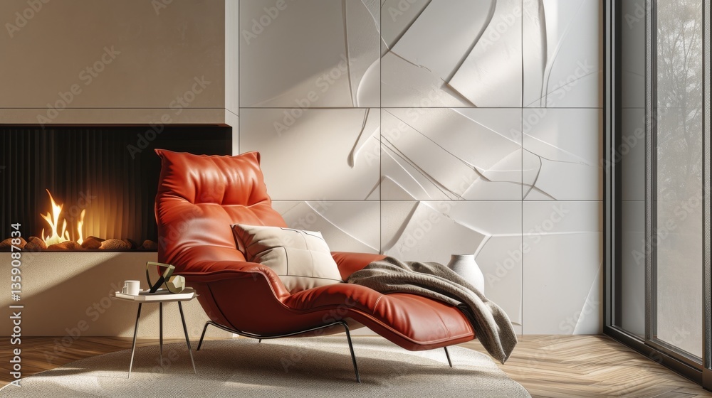 A contemporary living room featuring a sleek red recliner placed in front of a modern fireplace. The space is enhanced with a cozy blanket, decorative vases, and ample natural light, creating a