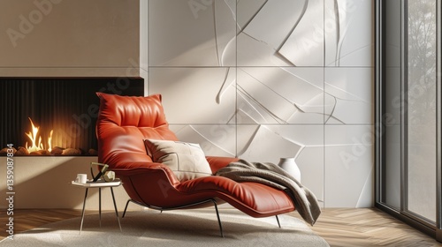 Obraz na płótnie A contemporary living room featuring a sleek red recliner placed in front of a modern fireplace. The space is enhanced with a cozy blanket, decorative vases, and ample natural light, creating a w salonie