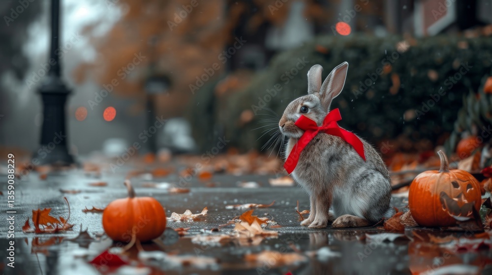 A cute bunny adorned with a red bow sits among small pumpkins and fallen leaves on a rainy street. The misty, autumn atmosphere enhances the scene's whimsical and serene charm, making it perfect for