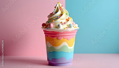 Colorful ice cream cup with sprinkles on pastel background  