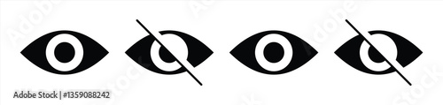 Open and Crossed Out Eye Symbol Set, show and hidden, see and not see vector illustration