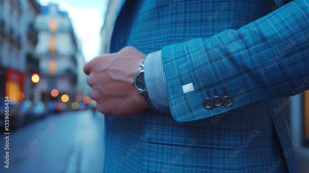 A close-up of a man wearing a blue plaid suit, highlighting the sleeve and a luxury wristwatch. The blurred urban backdrop adds a modern touch, making it ideal for fashion, lifestyle, and urban-themed