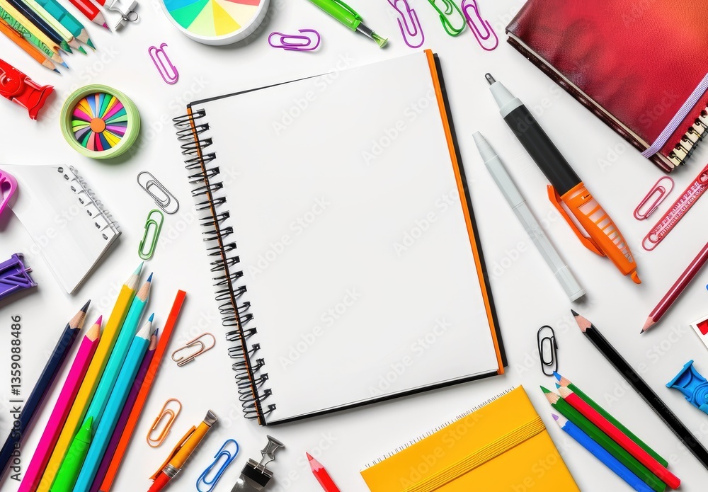 A beautifully arranged stationery flat lay with colorful notebooks and supplies on a blue background, perfect for a creative workspace or academic setting, offering a vibrant and organized atmosphere A beautifully arranged stationery flat lay with colorful notebooks and supplies on a blue background, perfect for a creative workspace or academic setting, offering a vibrant and organized atmosphere