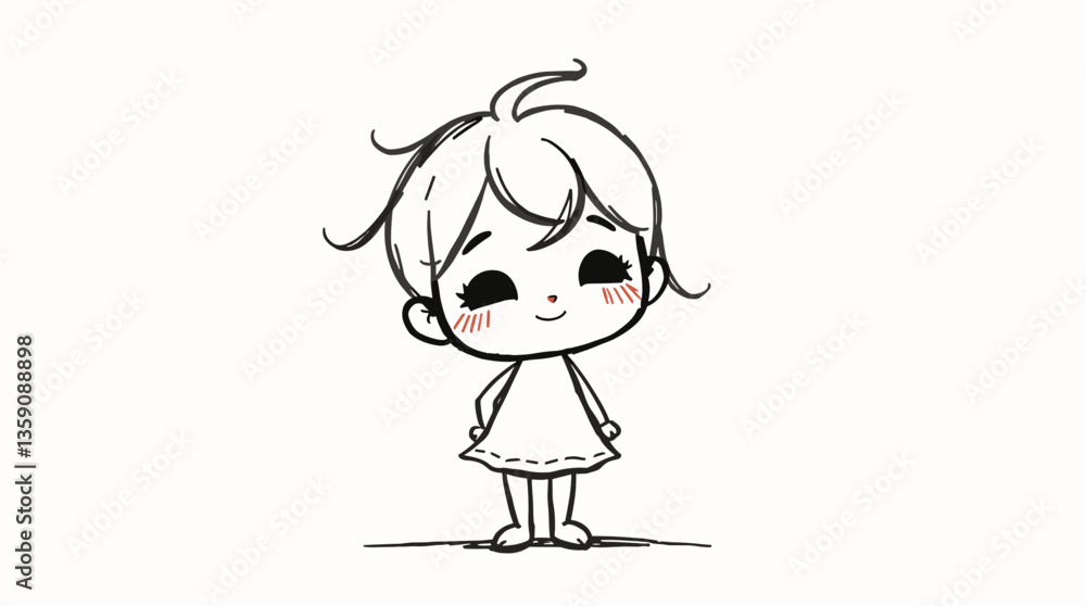 Charming Girl Character with Gentle Expression in Sketch Style Charming Girl Character with Gentle Expression in Sketch Style
