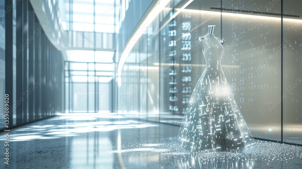 A striking digital dress glows with holographic patterns in a sleek, modern hallway. The combination of advanced technology and elegant design creates a captivating futuristic fashion concept.