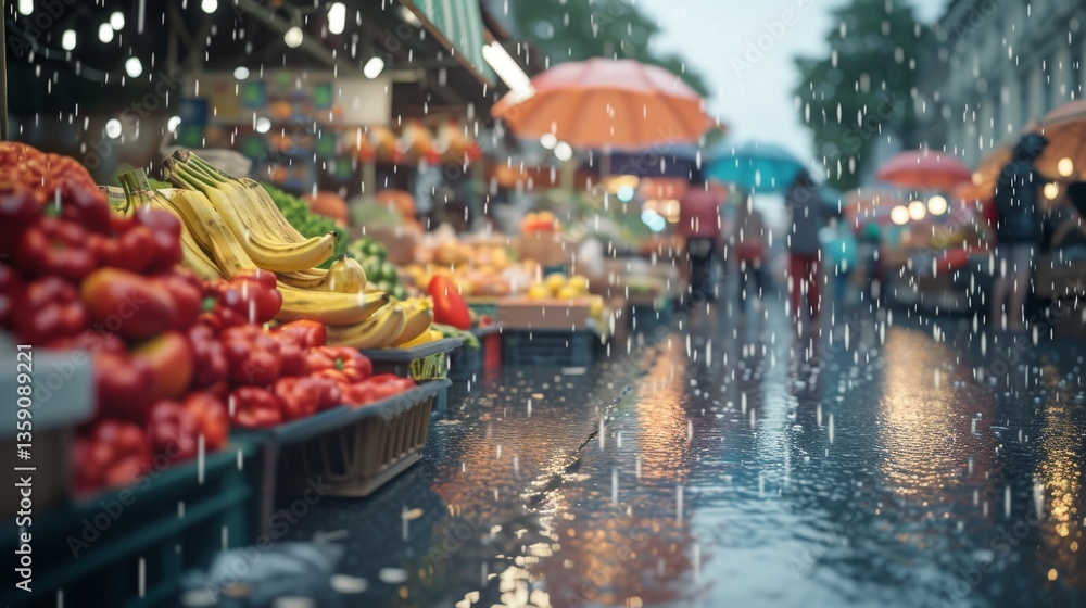 Fresh fruits and vegetables are displayed at an outdoor market during a rainy day. People shop under umbrellas, creating a lively scene despite the rain, with colorful produce and wet streets adding